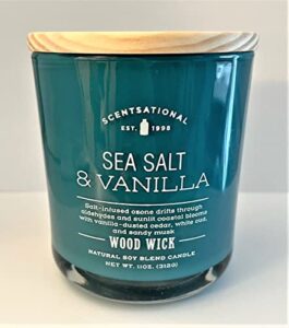 natural soy wax blend scented candle sea salt + vanilla glossy teal jar with wooden wick, 11 oz., medium