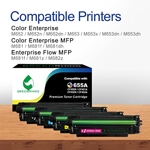 GREENRHINO Remanufactured Toner Cartridge Replacement for HP 655A CF450A CF451A CF452A CF453A Enterprise M652n M652dn M653dn M653x MFP M681 M681dn M682z (1 Black, 1 Cyan, 1 Magenta, 1 Yellow, 4-Pack)