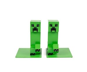 minecraft 6-inch creeper bookends, set of 2 | bookshelf decor room essentials, storage organizer for shelves and desktops, book stoppers | video game gifts and collectibles