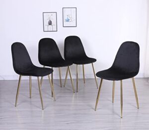 pozbee black dining chairs set of 4, midcentury modern dining room chairs with gold chrome legs, velvet seat 18", elegant kitchen chairs (black)