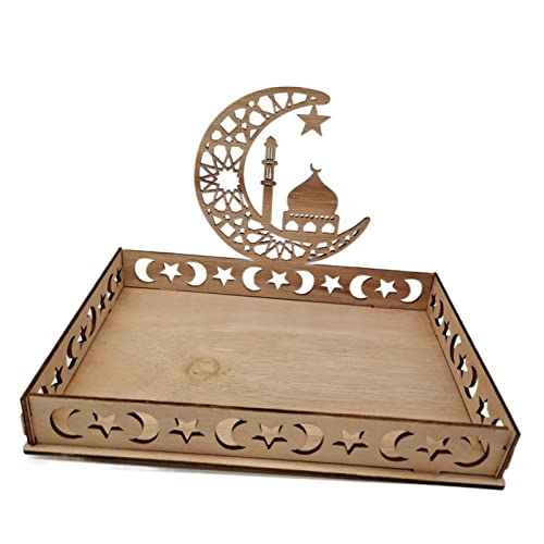 Likense Ramadan Wood Tray, Artistic Eid Mubarak Party Serving Display Decoration, Large Capacity Food Serving Tableware Tray Tabletop Decor for Table, Dessert Tray, Ramadan Serving Plate