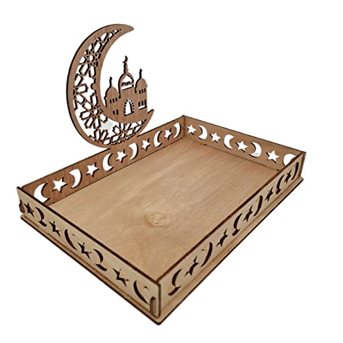 Likense Ramadan Wood Tray, Artistic Eid Mubarak Party Serving Display Decoration, Large Capacity Food Serving Tableware Tray Tabletop Decor for Table, Dessert Tray, Ramadan Serving Plate