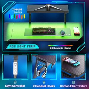 Bestier LED Gaming Desk Carbon Fiber Black L Shaped Computer Desk with Monitor Shelf Corner PC Gaming Table 2 Headset Hooks Home Office L Desk, 20 LED Modes 51 Inch