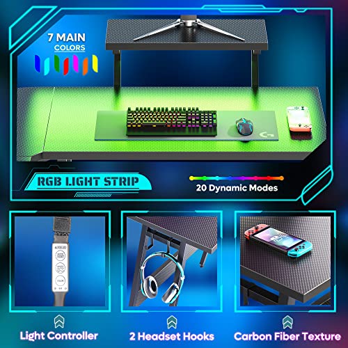 Bestier LED Gaming Desk Carbon Fiber Black L Shaped Computer Desk with Monitor Shelf Corner PC Gaming Table 2 Headset Hooks Home Office L Desk, 20 LED Modes 51 Inch