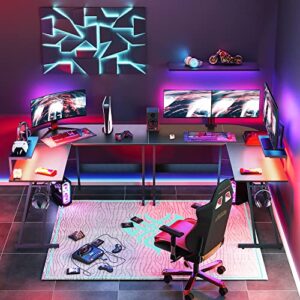 Bestier LED Gaming Desk Carbon Fiber Black L Shaped Computer Desk with Monitor Shelf Corner PC Gaming Table 2 Headset Hooks Home Office L Desk, 20 LED Modes 51 Inch