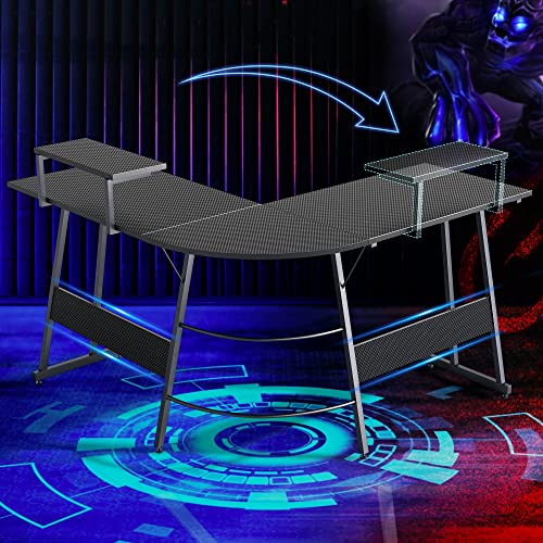 Bestier LED Gaming Desk Carbon Fiber Black L Shaped Computer Desk with Monitor Shelf Corner PC Gaming Table 2 Headset Hooks Home Office L Desk, 20 LED Modes 51 Inch