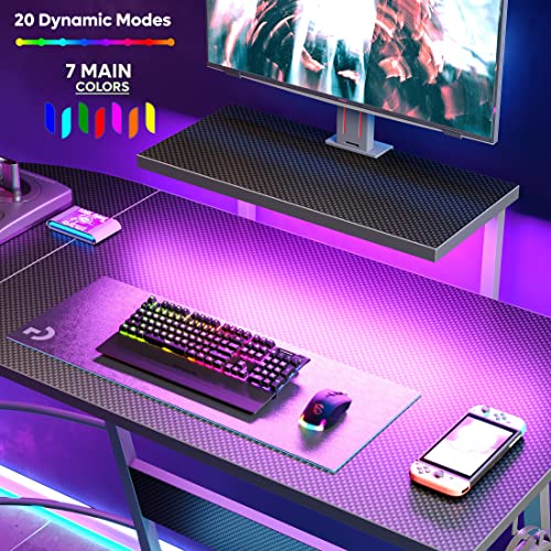 Bestier LED Gaming Desk Carbon Fiber Black L Shaped Computer Desk with Monitor Shelf Corner PC Gaming Table 2 Headset Hooks Home Office L Desk, 20 LED Modes 51 Inch