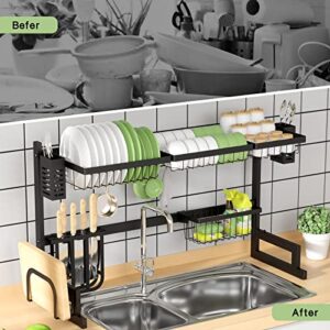 TOOLF Over Sink Dish Dying Rack, Large Capacity Dish Rack, 2-Tier Dish Drainer, Sink Organize Stand Shelf with Utensil Holder&Hooks, Kitchen Counter Supplies Storage for Plates Bowls Pots, Black