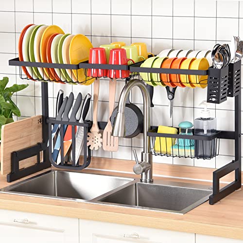 TOOLF Over Sink Dish Dying Rack, Large Capacity Dish Rack, 2-Tier Dish Drainer, Sink Organize Stand Shelf with Utensil Holder&Hooks, Kitchen Counter Supplies Storage for Plates Bowls Pots, Black