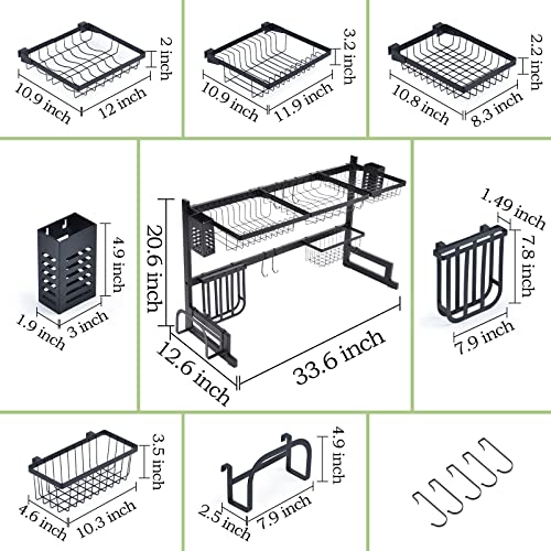 TOOLF Over Sink Dish Dying Rack, Large Capacity Dish Rack, 2-Tier Dish Drainer, Sink Organize Stand Shelf with Utensil Holder&Hooks, Kitchen Counter Supplies Storage for Plates Bowls Pots, Black