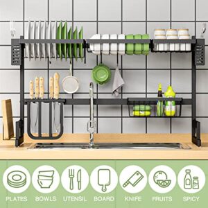 TOOLF Over Sink Dish Dying Rack, Large Capacity Dish Rack, 2-Tier Dish Drainer, Sink Organize Stand Shelf with Utensil Holder&Hooks, Kitchen Counter Supplies Storage for Plates Bowls Pots, Black