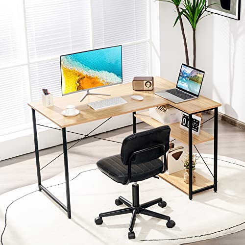 Tangkula L-Shaped Computer Desk with Reversible Shelves, 48 Inch Corner Computer Desk, Modern Writing Study Desk Home Office Workstation, Space Saving Design (48 Inch, Natural)