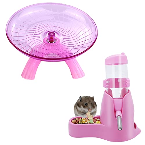 3 in 1 Hamster Water Bottle + Flying Saucer Exercise Wheel for Dwarf Hamster Mouse Rat Hedgehog (Pink)