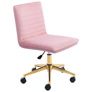 furniliving velvet home office chair, armless vanity desk task chair with wheels 360° swivel computer rolling desk chair with back, adjustable accent chair with gold metal base stool chair (pink)