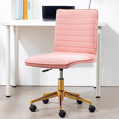 Furniliving Velvet Home Office Chair, Armless Vanity Desk Task Chair with Wheels 360° Swivel Computer Rolling Desk Chair with Back, Adjustable Accent Chair with Gold Metal Base Stool Chair (Pink)