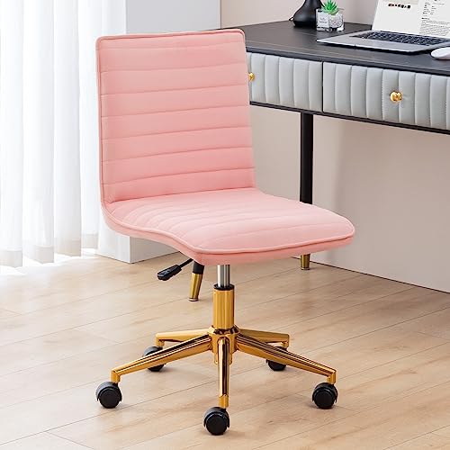 Furniliving Velvet Home Office Chair, Armless Vanity Desk Task Chair with Wheels 360° Swivel Computer Rolling Desk Chair with Back, Adjustable Accent Chair with Gold Metal Base Stool Chair (Pink)