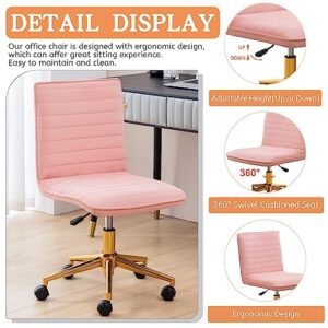 Furniliving Velvet Home Office Chair, Armless Vanity Desk Task Chair with Wheels 360° Swivel Computer Rolling Desk Chair with Back, Adjustable Accent Chair with Gold Metal Base Stool Chair (Pink)