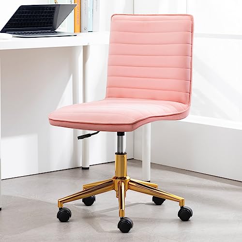 Furniliving Velvet Home Office Chair, Armless Vanity Desk Task Chair with Wheels 360° Swivel Computer Rolling Desk Chair with Back, Adjustable Accent Chair with Gold Metal Base Stool Chair (Pink)