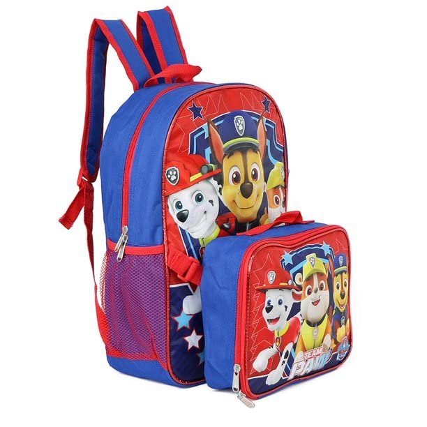 Ruz Paw Patrol Boys 16 Inch Backpack With Removable Matching Lunch Box Set (Blue-Red)
