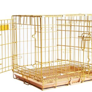 HOMEY PET Gold Color Folding Design Dog Crate Puppy Kennel with Removable Floor Grid and Pull Out Tray