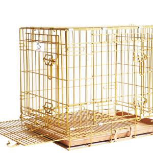 HOMEY PET Gold Color Folding Design Dog Crate Puppy Kennel with Removable Floor Grid and Pull Out Tray