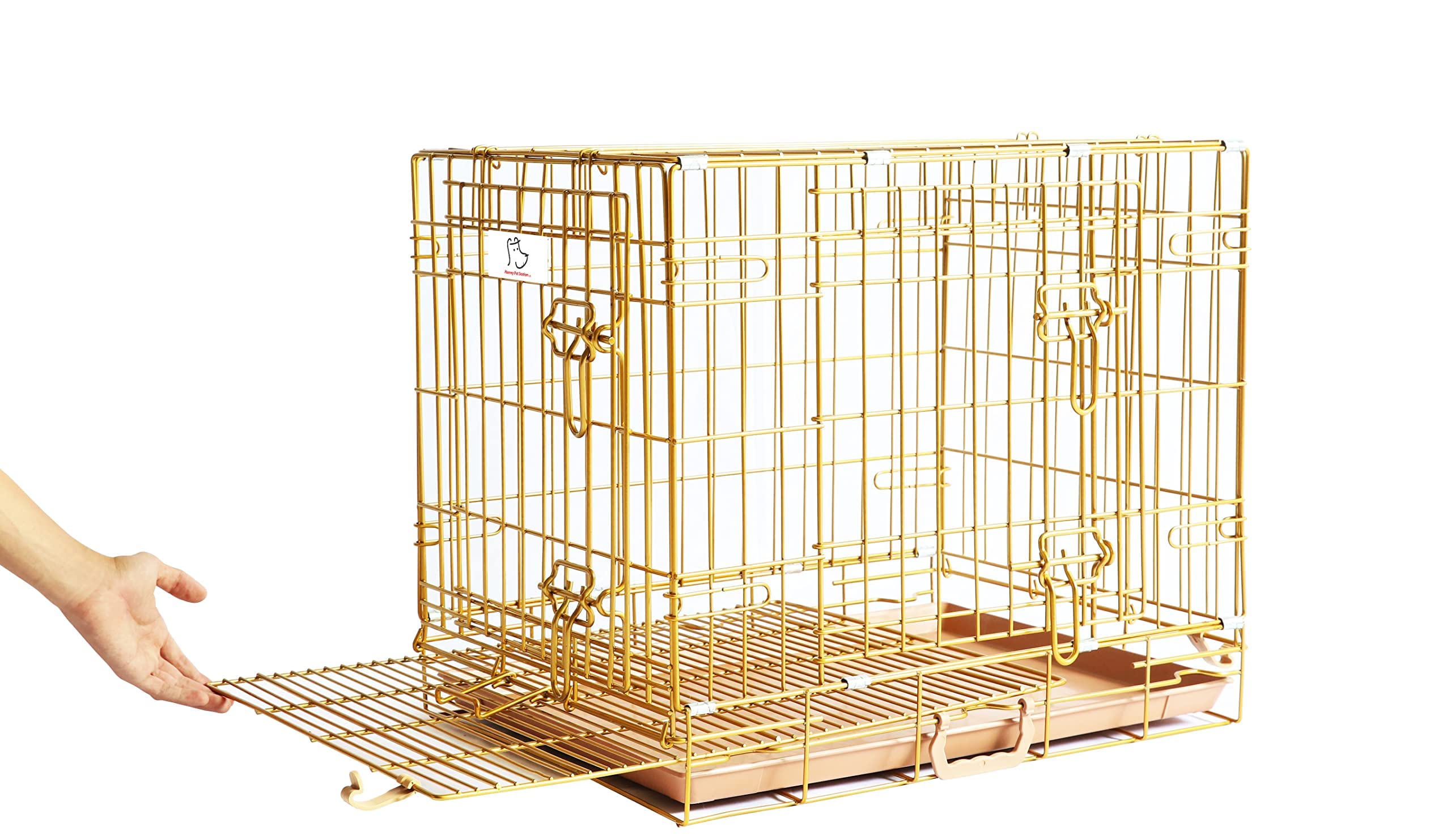 HOMEY PET Gold Color Folding Design Dog Crate Puppy Kennel with Removable Floor Grid and Pull Out Tray