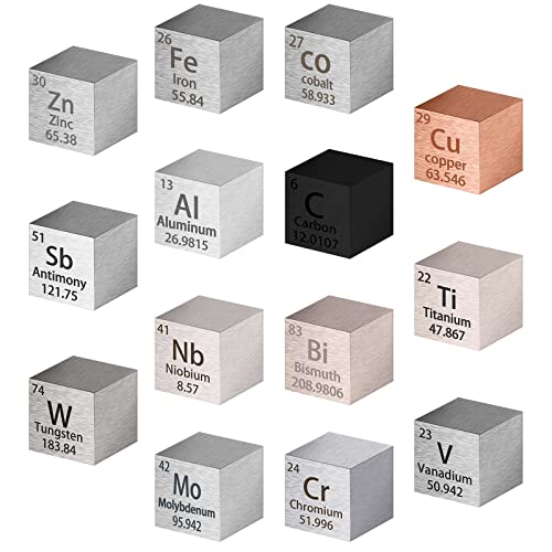 14 Pieces Element Cube Set Density Cubes Pure Metal Periodic Table Metal Cubes Tungsten Cube, Titanium, Bismuth, Aluminum, Iron, Copper, etc for Element Collections Hobbies As Christmas Gift