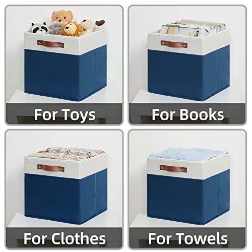 HNZIGE Fabric Storage Cubes Bins for Shelves,13x13 Storage Cubes, Set Of 4 Foldable Cubby Storage Bins for Organizing, Cloth Blue Storage Baskets for Cube Organizer Toy Nursery Shelves(Blue&White)