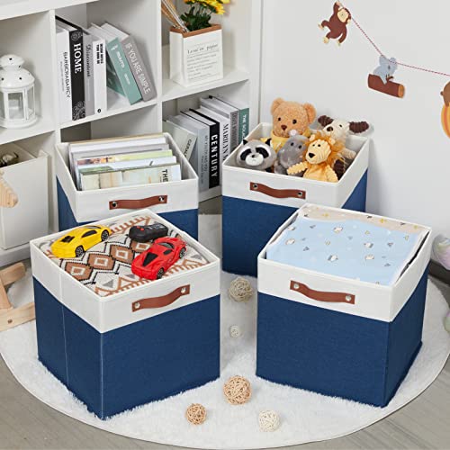 HNZIGE Fabric Storage Cubes Bins for Shelves,13x13 Storage Cubes, Set Of 4 Foldable Cubby Storage Bins for Organizing, Cloth Blue Storage Baskets for Cube Organizer Toy Nursery Shelves(Blue&White)