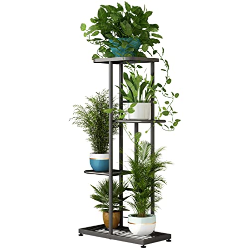 LINZINAR Plant Stand Metal 4 Tier 5 Potted Multiple Flower Pot Holder Shelf Indoor Outdoor Planter Display Shelving Unit for Patio Garden Corner Balcony Living Room (4 Tier 5 Potted, Dark Grey)