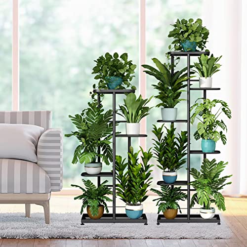 LINZINAR Plant Stand Metal 4 Tier 5 Potted Multiple Flower Pot Holder Shelf Indoor Outdoor Planter Display Shelving Unit for Patio Garden Corner Balcony Living Room (4 Tier 5 Potted, Dark Grey)