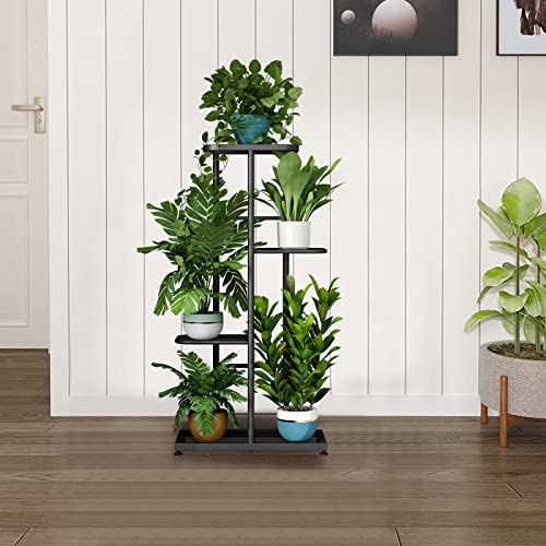 LINZINAR Plant Stand Metal 4 Tier 5 Potted Multiple Flower Pot Holder Shelf Indoor Outdoor Planter Display Shelving Unit for Patio Garden Corner Balcony Living Room (4 Tier 5 Potted, Dark Grey)