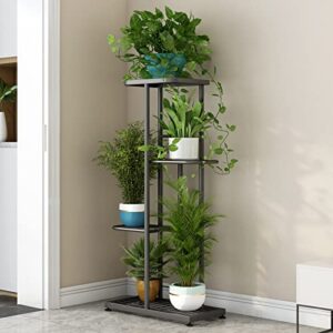 LINZINAR Plant Stand Metal 4 Tier 5 Potted Multiple Flower Pot Holder Shelf Indoor Outdoor Planter Display Shelving Unit for Patio Garden Corner Balcony Living Room (4 Tier 5 Potted, Dark Grey)