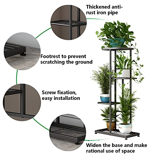 LINZINAR Plant Stand Metal 4 Tier 5 Potted Multiple Flower Pot Holder Shelf Indoor Outdoor Planter Display Shelving Unit for Patio Garden Corner Balcony Living Room (4 Tier 5 Potted, Dark Grey)