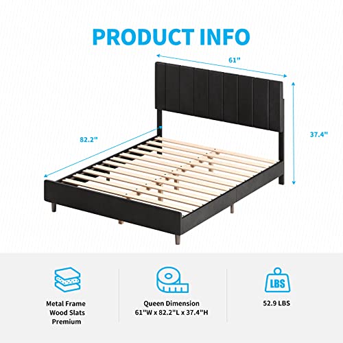 Mjkone Queen Size Bed Frame with Adjustable Headboard,Platform Bed Frame with Modern Geometric Headboard&Wood Slat Support,Queen Bed Base Frame No Box Spring Needed,Easy Assembly,Black