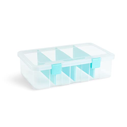 Bins & Things Craft Organizers and Storage - Lego Container - Small Containers with Lids - 4 Clear Compartments, 8x4x14 inches - Plastic Art Supply Organizer - Ribbon and Bead Organizer Box - Blue