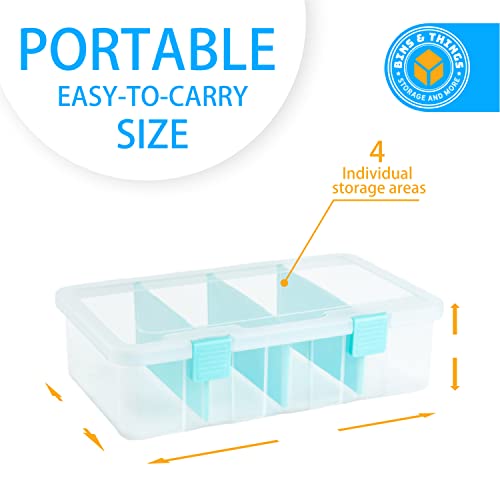 Bins & Things Craft Organizers and Storage - Lego Container - Small Containers with Lids - 4 Clear Compartments, 8x4x14 inches - Plastic Art Supply Organizer - Ribbon and Bead Organizer Box - Blue