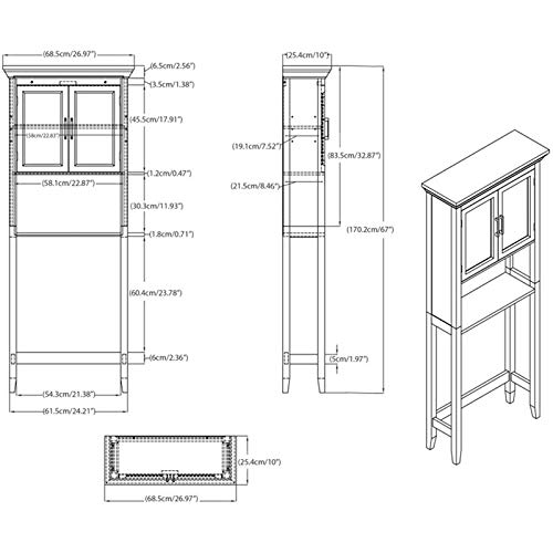 Pemberly Row Solid Wood Over The Toilet Storage Cabinet, 67" Bathroom Space Saver with Double Doors and Open Storage Shelf Organizer, Mid Century Freestanding Toilet Storage Rack in White