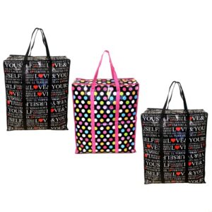 3 pack extra large jumbo reusable unbreakable hard plastic fabric checkered laundry bags with zipper and strong handles for travel, grocery, laundry, shopping, storage, moving,size:(25.3"x21.5"x10")