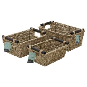 jvl seagrass set of 3 tapered storage baskets with wooden handles