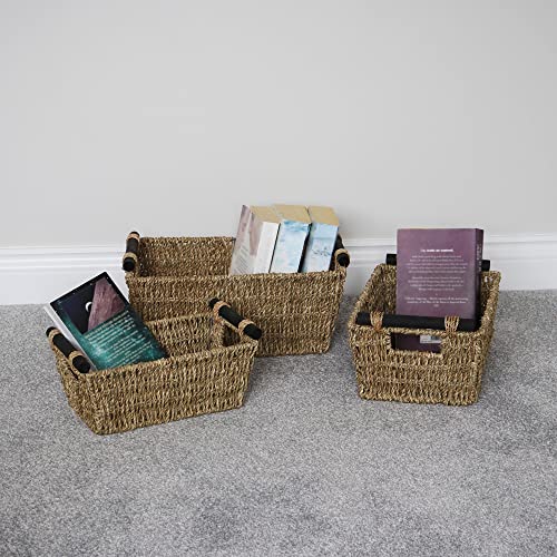 JVL Seagrass Set of 3 Tapered Storage Baskets with Wooden Handles