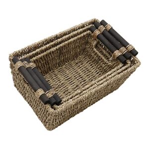 JVL Seagrass Set of 3 Tapered Storage Baskets with Wooden Handles