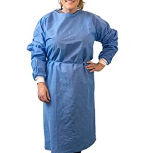 200-Pack Level 2 Disposable Isolation Gown Baluster Fully Closed Double Tie Neck and Waist, SMS 35g, Knitted Cuffs, Fluid Resistant, Blue, Unisex