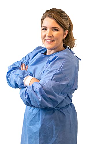 200-Pack Level 2 Disposable Isolation Gown Baluster Fully Closed Double Tie Neck and Waist, SMS 35g, Knitted Cuffs, Fluid Resistant, Blue, Unisex