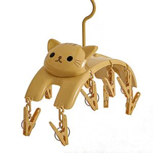 jhtpslr kawaii stretching cat drying rack for socks bras panties towel underwear 10 clips clothes hanger cute small indoor hanging drying rack for kids baby nursery room decor (yellow)
