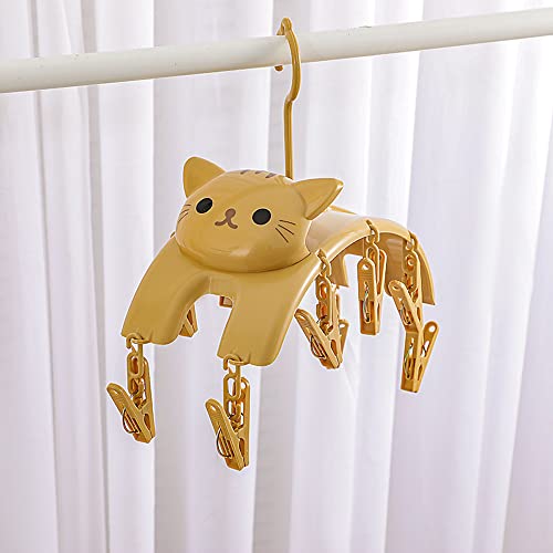 JHTPSLR Kawaii Stretching Cat Drying Rack for Socks Bras Panties Towel Underwear 10 Clips Clothes Hanger Cute Small Indoor Hanging Drying Rack for Kids Baby Nursery Room Decor (Yellow)