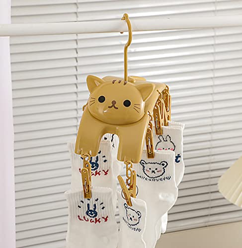 JHTPSLR Kawaii Stretching Cat Drying Rack for Socks Bras Panties Towel Underwear 10 Clips Clothes Hanger Cute Small Indoor Hanging Drying Rack for Kids Baby Nursery Room Decor (Yellow)