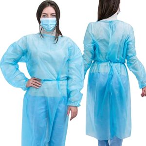 [10-pack] disposable isolation gown, fda registered, aami level 1 pp & pe 30g, fully closed double tie back, elastic cuffs, fluid resistant, unisex (10), blue