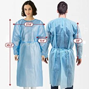 [10-Pack] Disposable Isolation Gown, FDA Registered, AAMI Level 1 PP & PE 30g, Fully Closed Double Tie Back, Elastic Cuffs, Fluid Resistant, Unisex (10), Blue