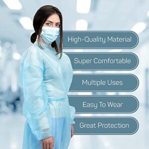 [10-Pack] Disposable Isolation Gown, FDA Registered, AAMI Level 1 PP & PE 30g, Fully Closed Double Tie Back, Elastic Cuffs, Fluid Resistant, Unisex (10), Blue